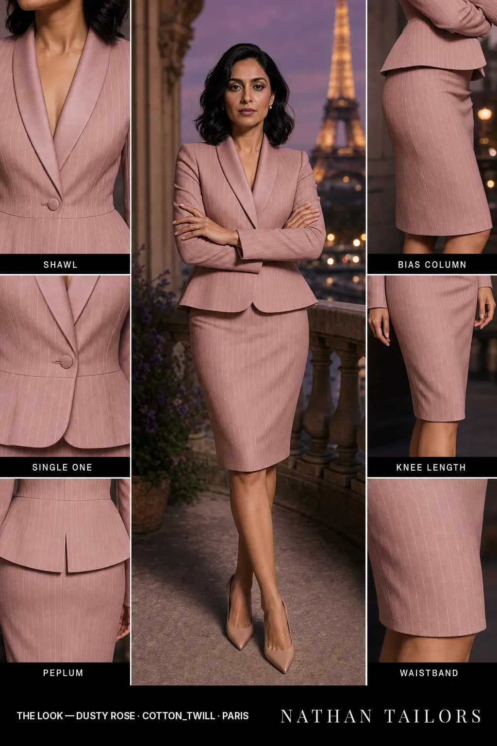peplum pinstripe women's skirt suit in dusty rose — AI-rendered by Nathan Tailors, made to measure for women and shipped worldwide.