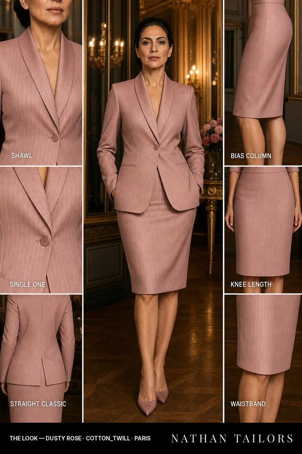 straight classic pinstripe women's skirt suit in dusty rose — AI-rendered by Nathan Tailors, made to measure for women and shipped worldwide.