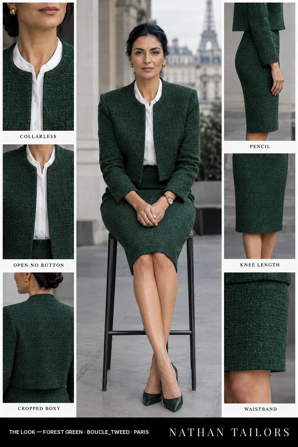 Women's suit in forest green tweed_texture — custom tailored by Nathan Tailors, shipped worldwide