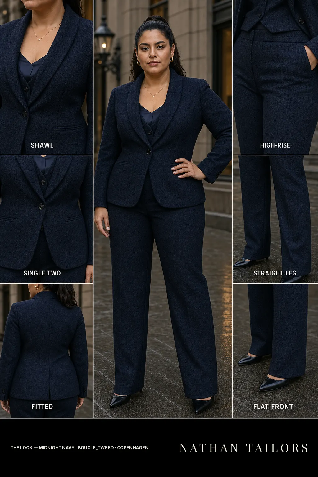 fitted women's pant suit in midnight navy — AI-rendered by Nathan Tailors, made to measure for women and shipped worldwide.