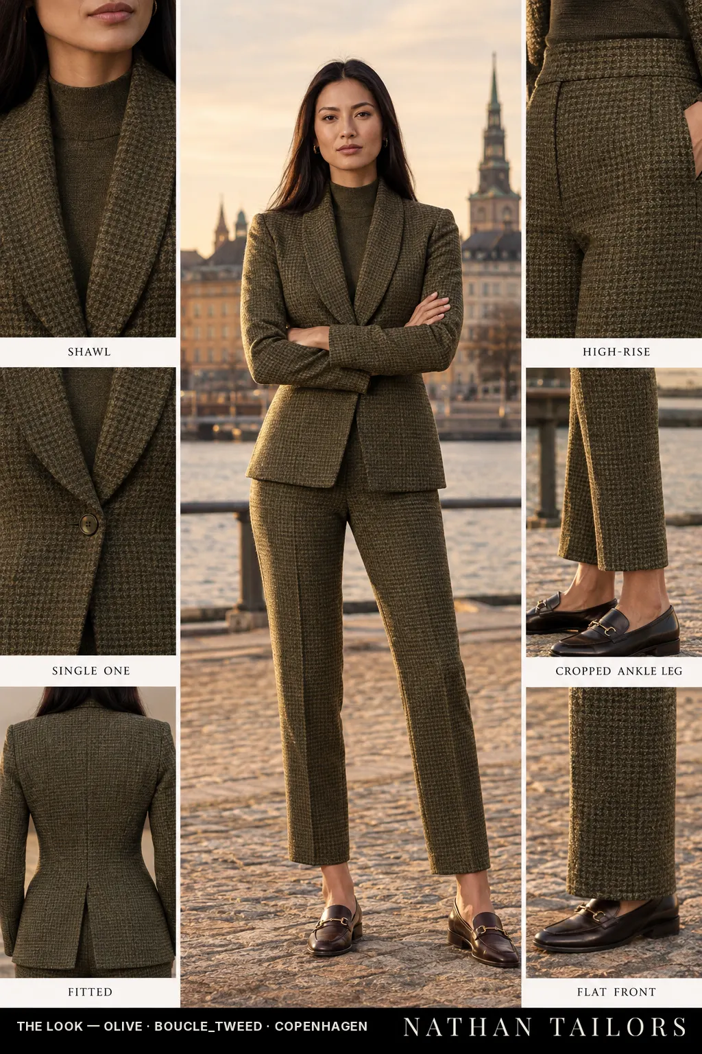 Women's suit in olive houndstooth — custom tailored by Nathan Tailors, shipped worldwide