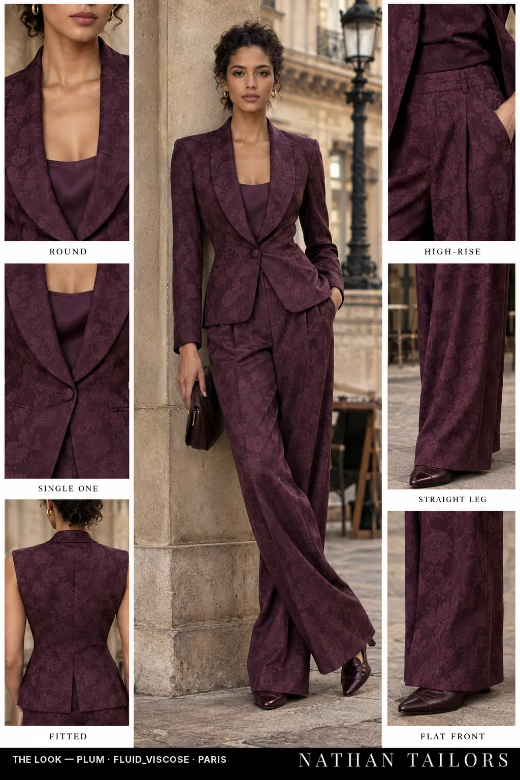 fitted floral jacquard women's pant suit in plum — AI-rendered by Nathan Tailors, made to measure for women and shipped worldwide.