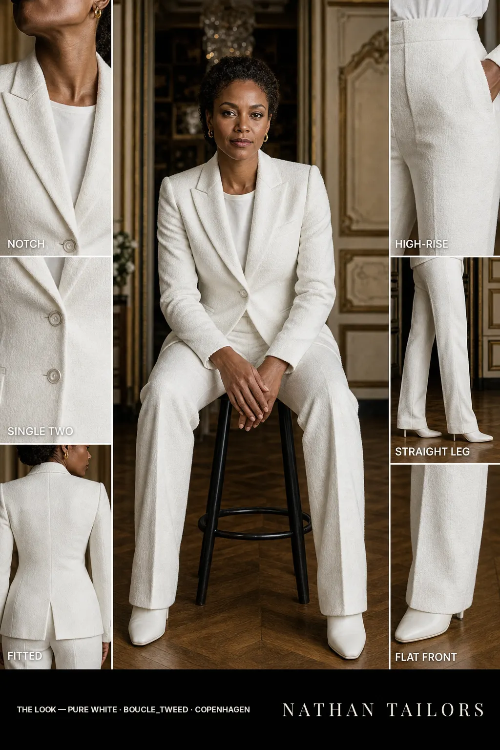 fitted women's pant suit in pure white — AI-rendered by Nathan Tailors, made to measure for women and shipped worldwide.