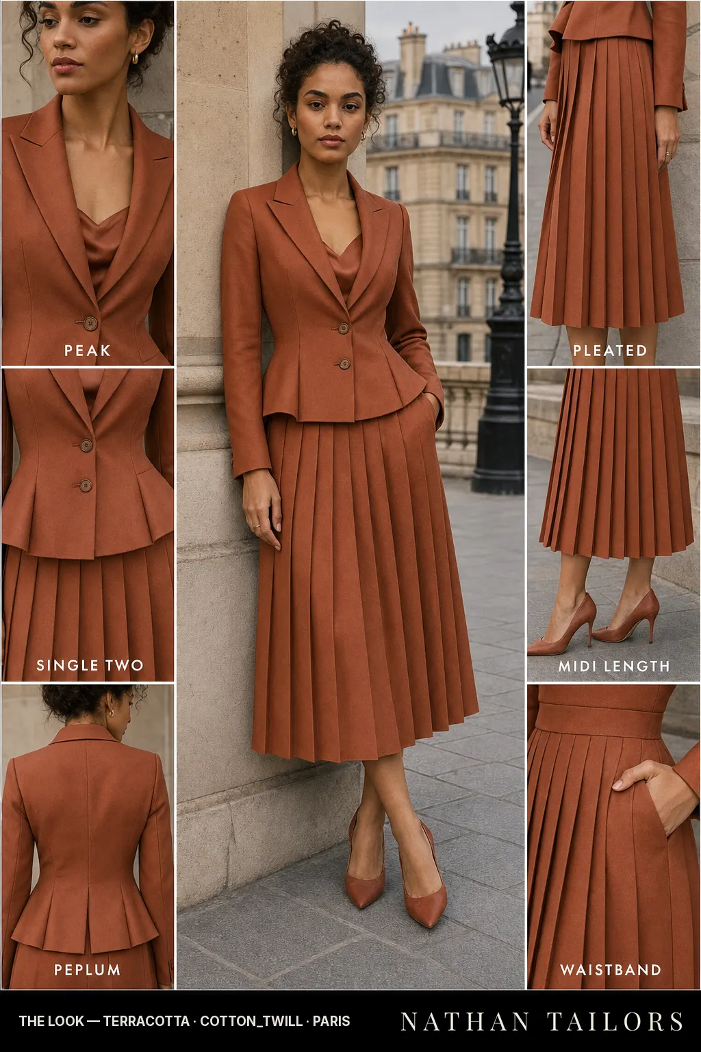 peplum women's skirt suit in terracotta — AI-rendered by Nathan Tailors, made to measure for women and shipped worldwide.