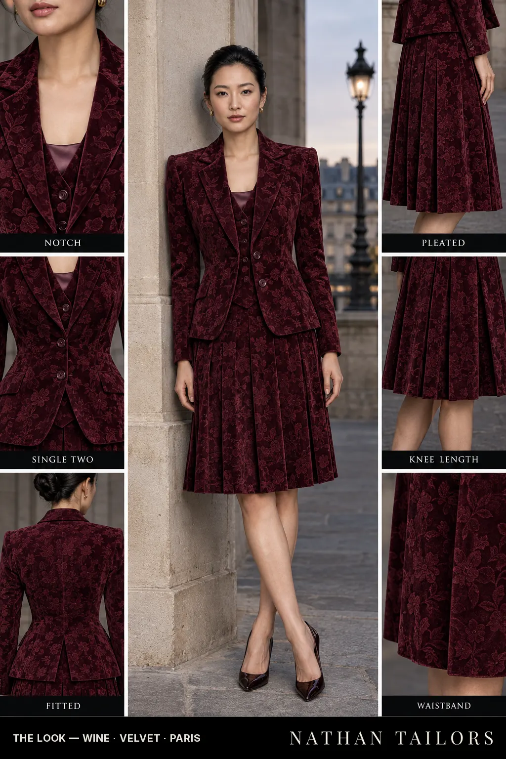 Women's suit in wine floral_jacquard — custom tailored by Nathan Tailors, shipped worldwide