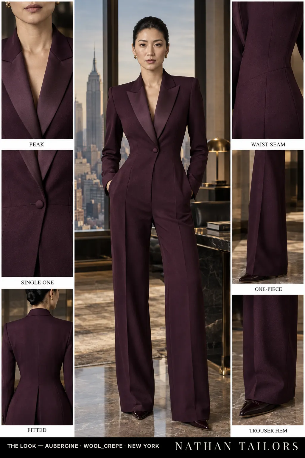 Women's suit in aubergine — custom tailored by Nathan Tailors, shipped worldwide