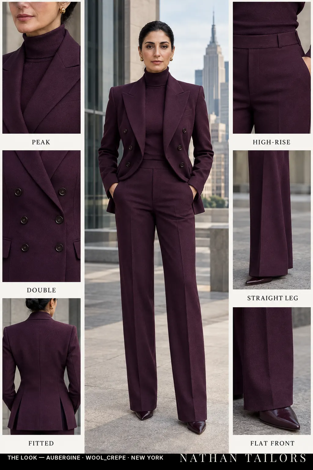 Women's suit in aubergine — custom tailored by Nathan Tailors, shipped worldwide