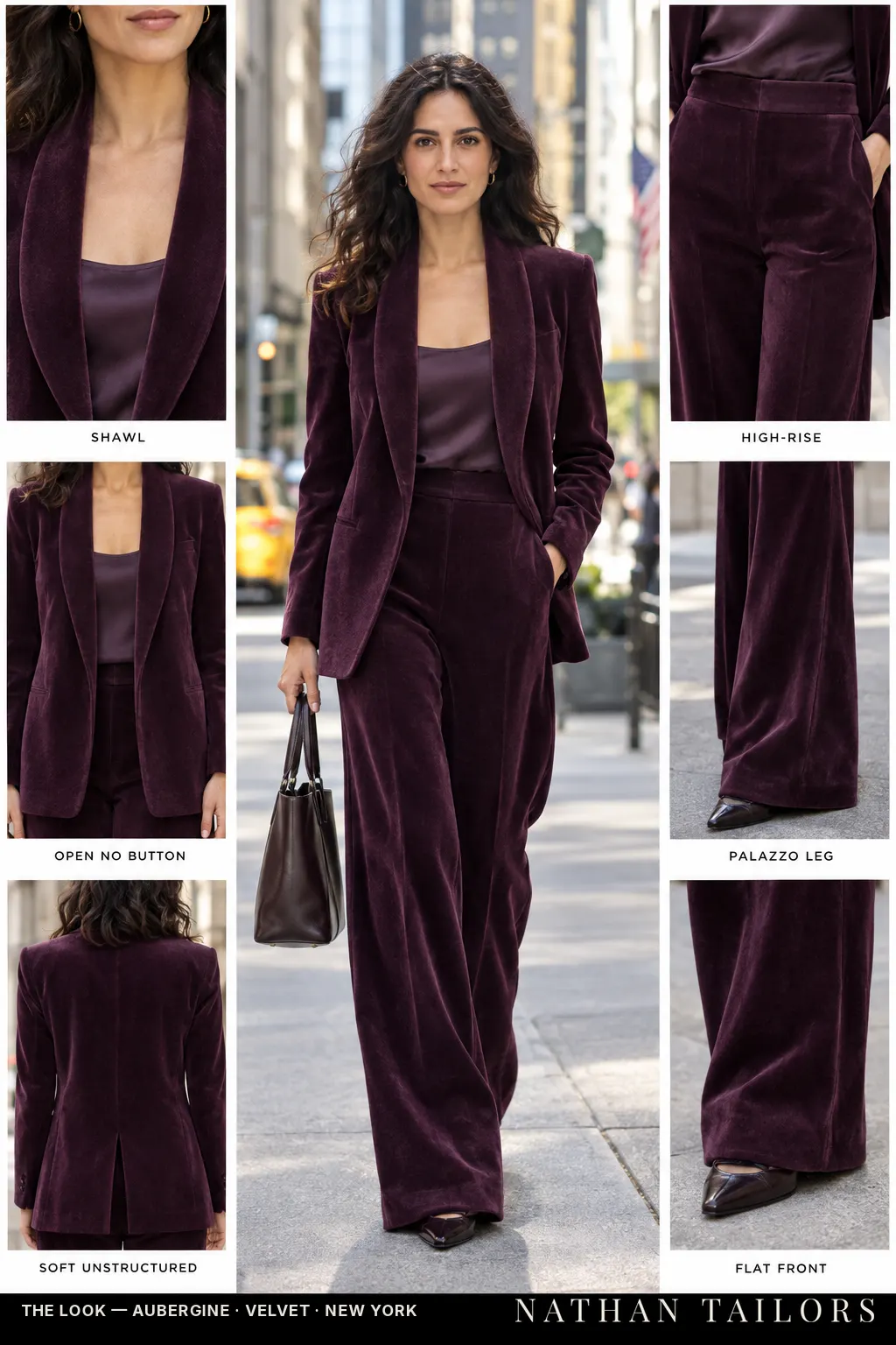 soft unstructured women's pant suit in aubergine — AI-rendered by Nathan Tailors, made to measure for women and shipped worldwide.