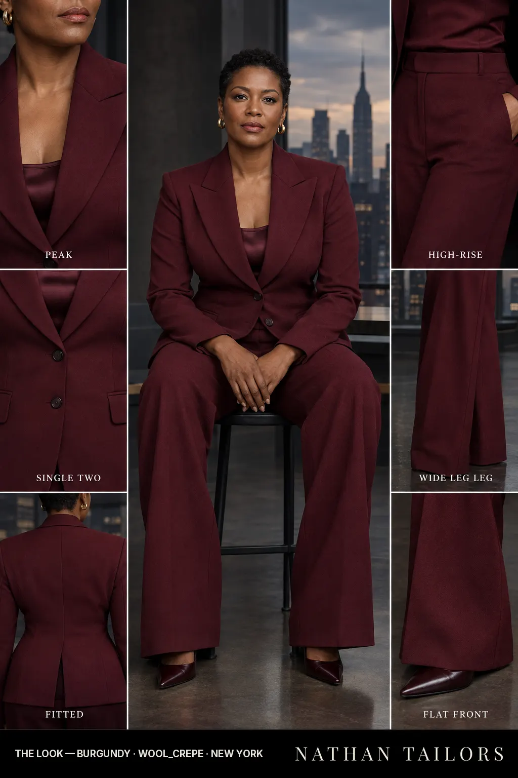 Women's suit in burgundy — custom tailored by Nathan Tailors, shipped worldwide