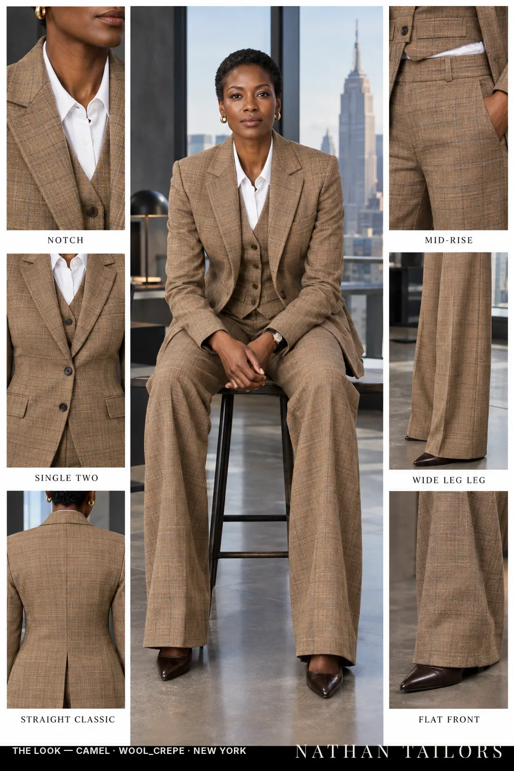 straight classic check plaid women's pant suit in camel — AI-rendered by Nathan Tailors, made to measure for women and shipped worldwide.
