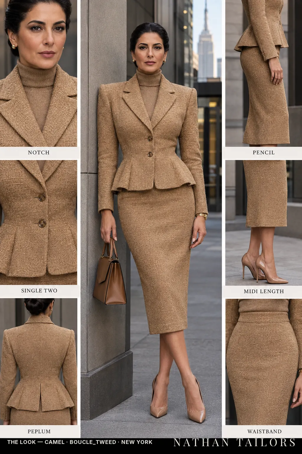 peplum tweed texture women's skirt suit in camel — AI-rendered by Nathan Tailors, made to measure for women and shipped worldwide.