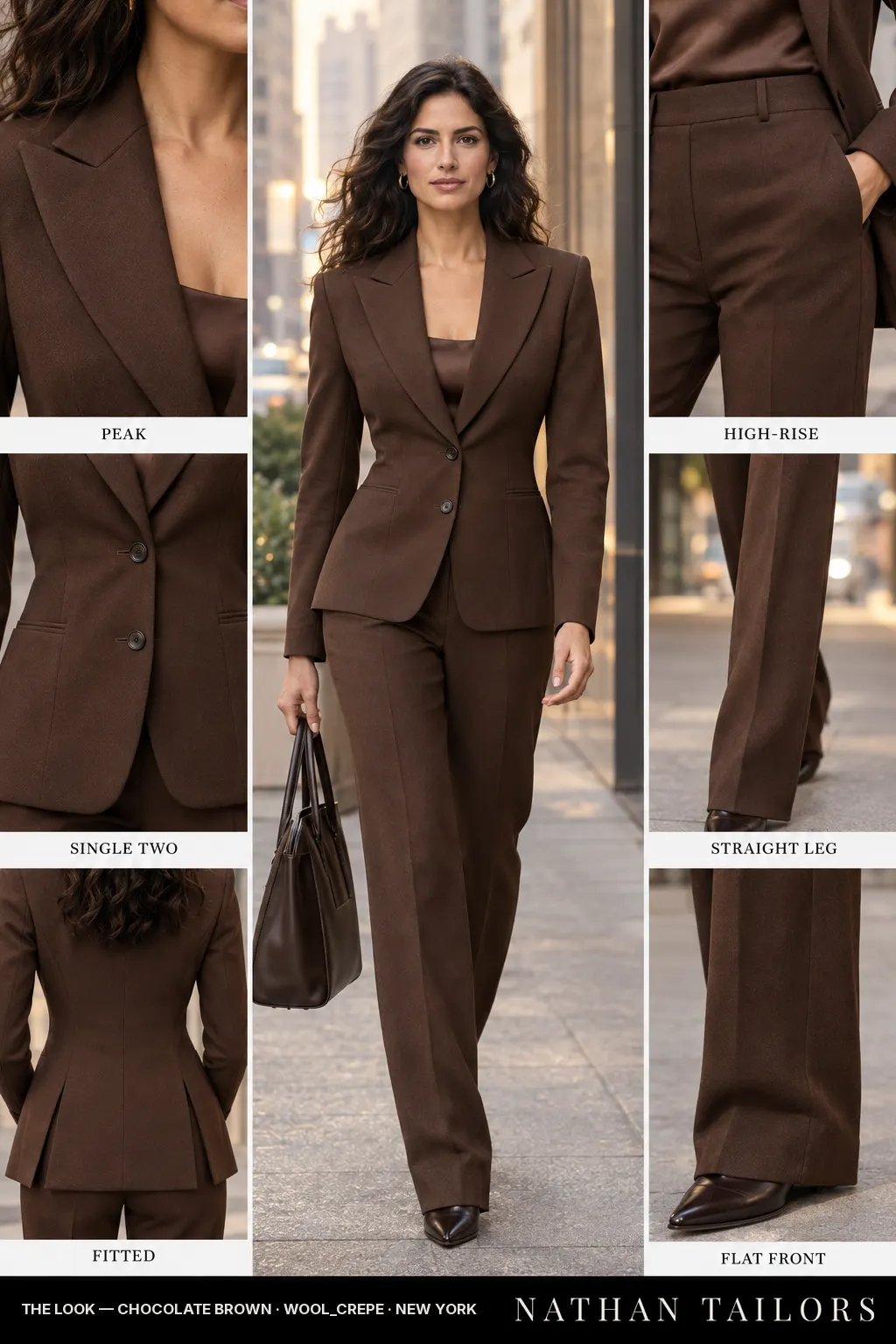 Women's suit in chocolate brown — custom tailored by Nathan Tailors, shipped worldwide