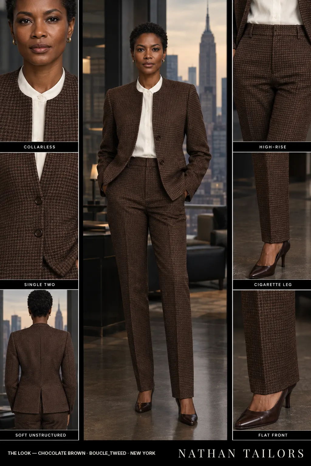 Women's suit in chocolate brown houndstooth — custom tailored by Nathan Tailors, shipped worldwide