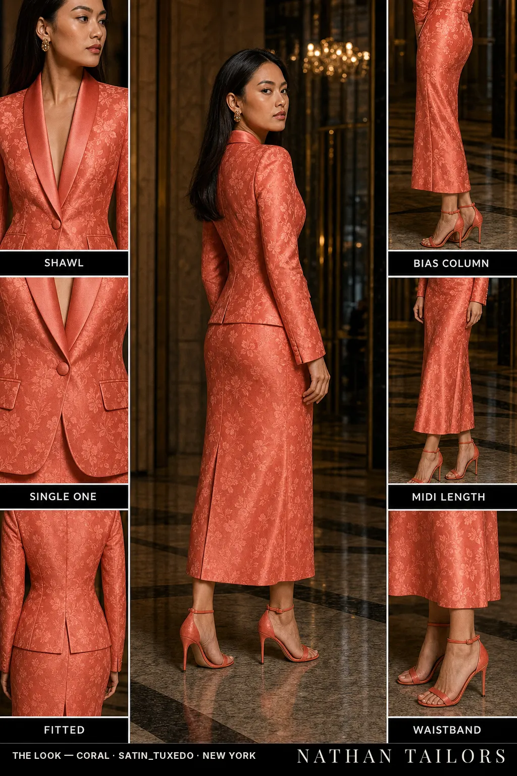fitted floral jacquard women's skirt suit in coral — AI-rendered by Nathan Tailors, made to measure for women and shipped worldwide.