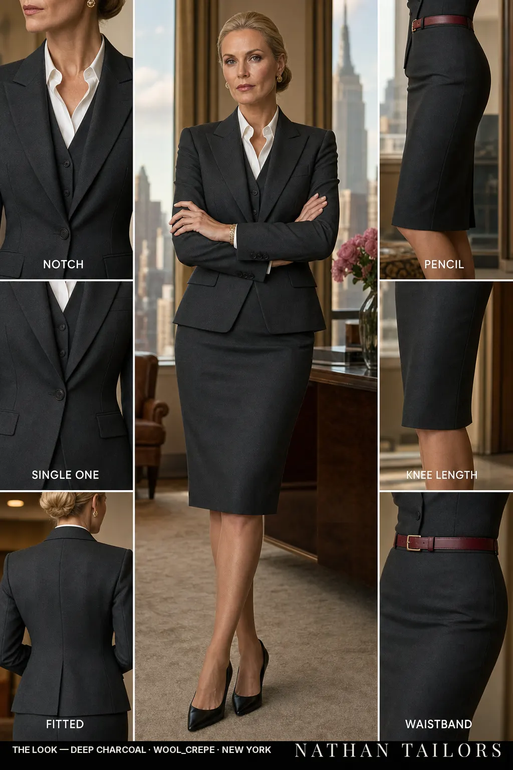 fitted women's skirt suit in deep charcoal — AI-rendered by Nathan Tailors, made to measure for women and shipped worldwide.