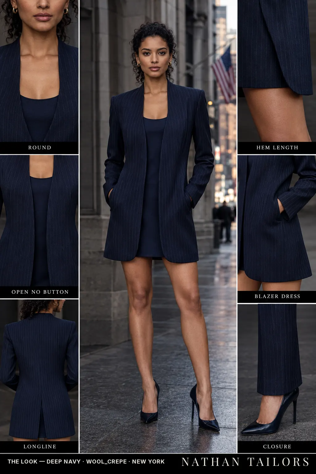 Women's suit in deep navy pinstripe — custom tailored by Nathan Tailors, shipped worldwide