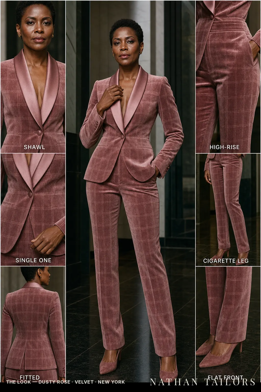 fitted check plaid women's pant suit in dusty rose — AI-rendered by Nathan Tailors, made to measure for women and shipped worldwide.