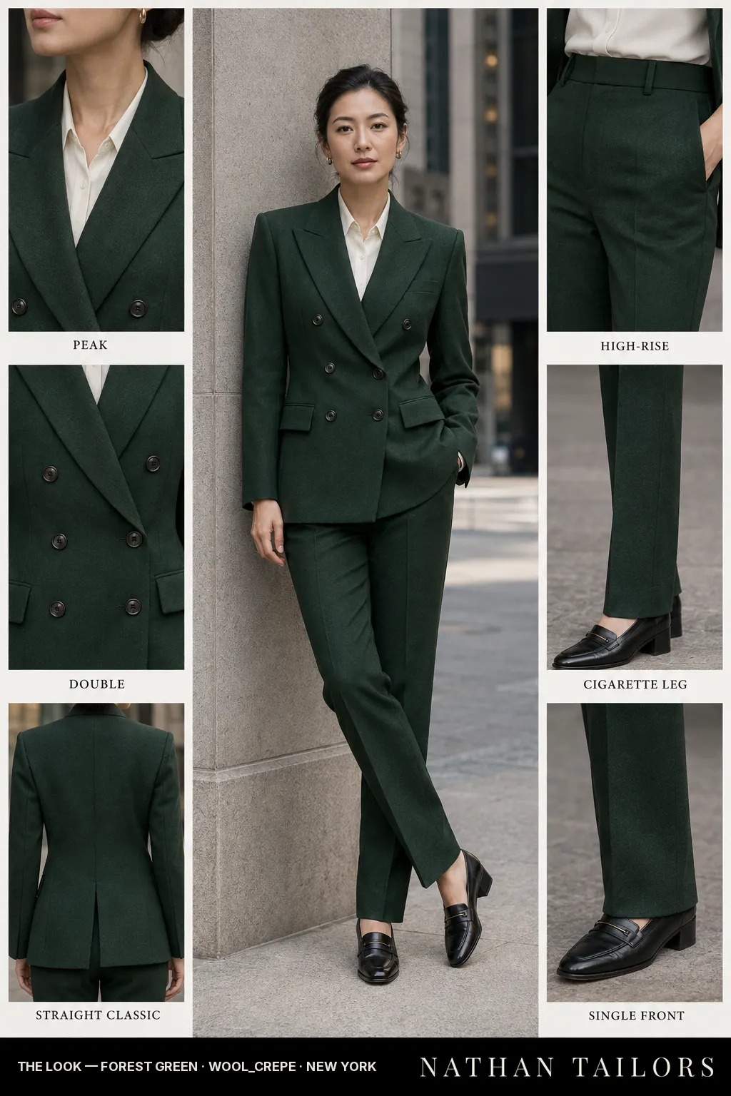 Women's suit in forest green — custom tailored by Nathan Tailors, shipped worldwide