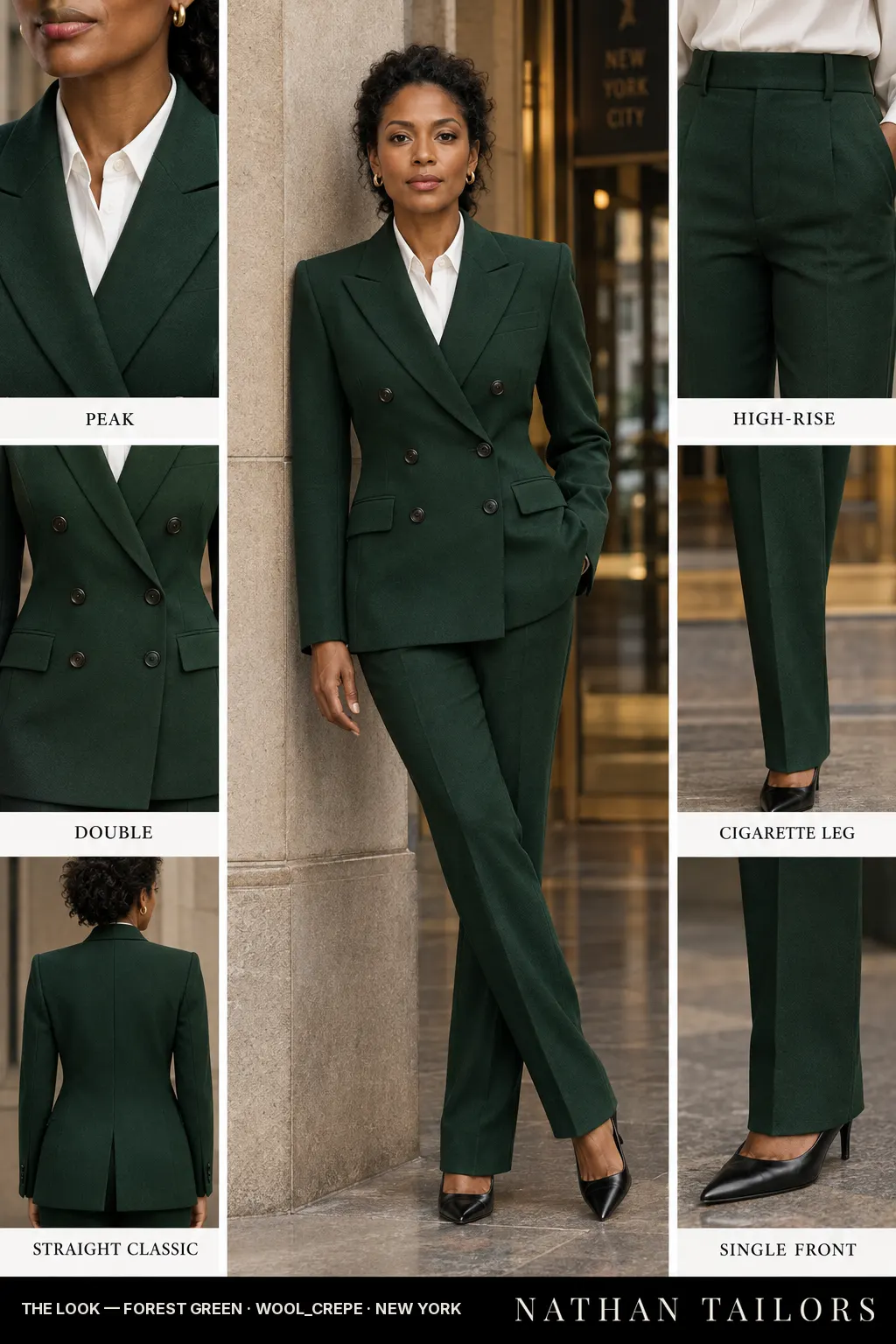 straight classic women's pant suit in forest green — AI-rendered by Nathan Tailors, made to measure for women and shipped worldwide.