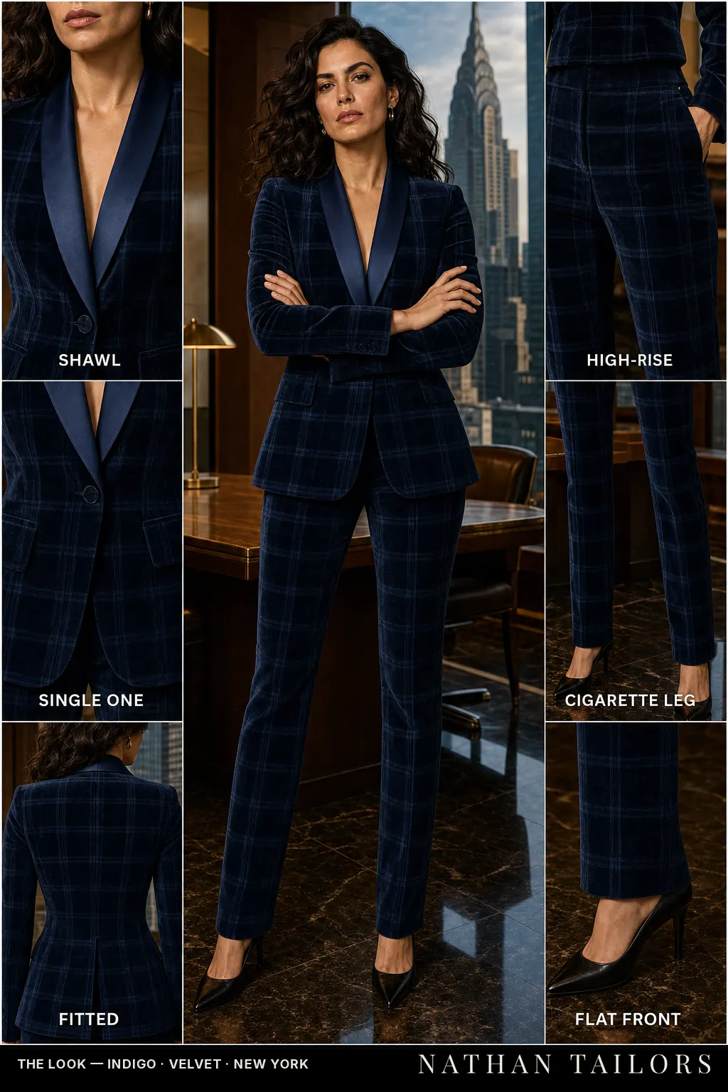 fitted check plaid women's pant suit in indigo — AI-rendered by Nathan Tailors, made to measure for women and shipped worldwide.