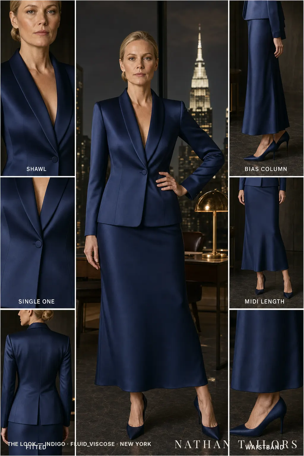 fitted women's skirt suit in indigo — AI-rendered by Nathan Tailors, made to measure for women and shipped worldwide.