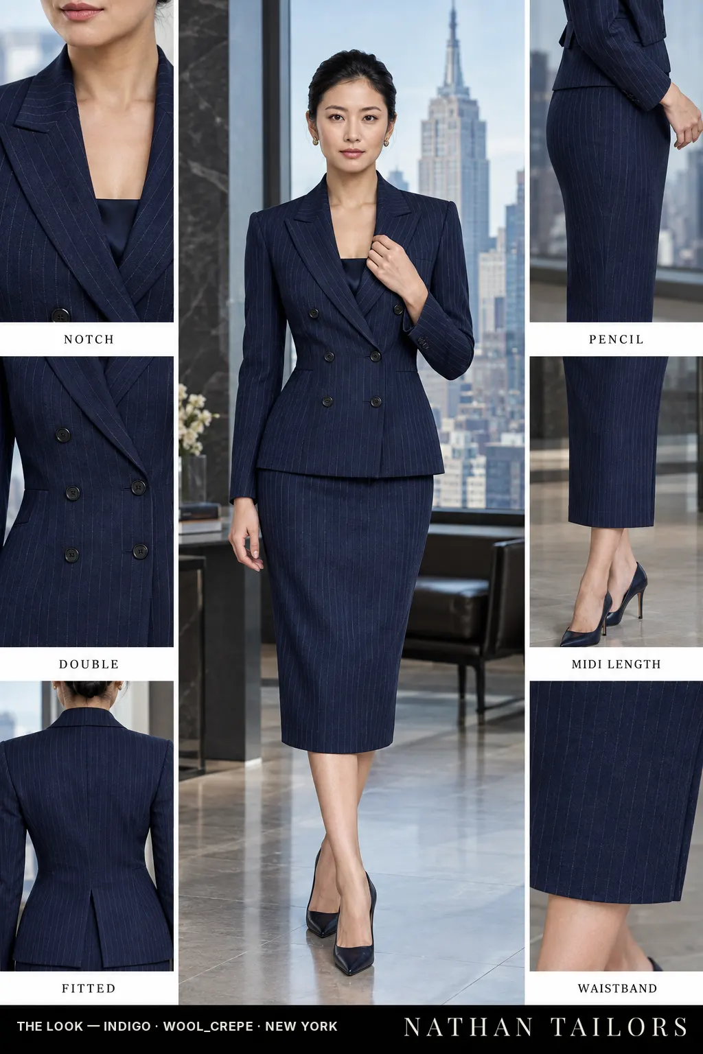 Women's suit in indigo pinstripe — custom tailored by Nathan Tailors, shipped worldwide