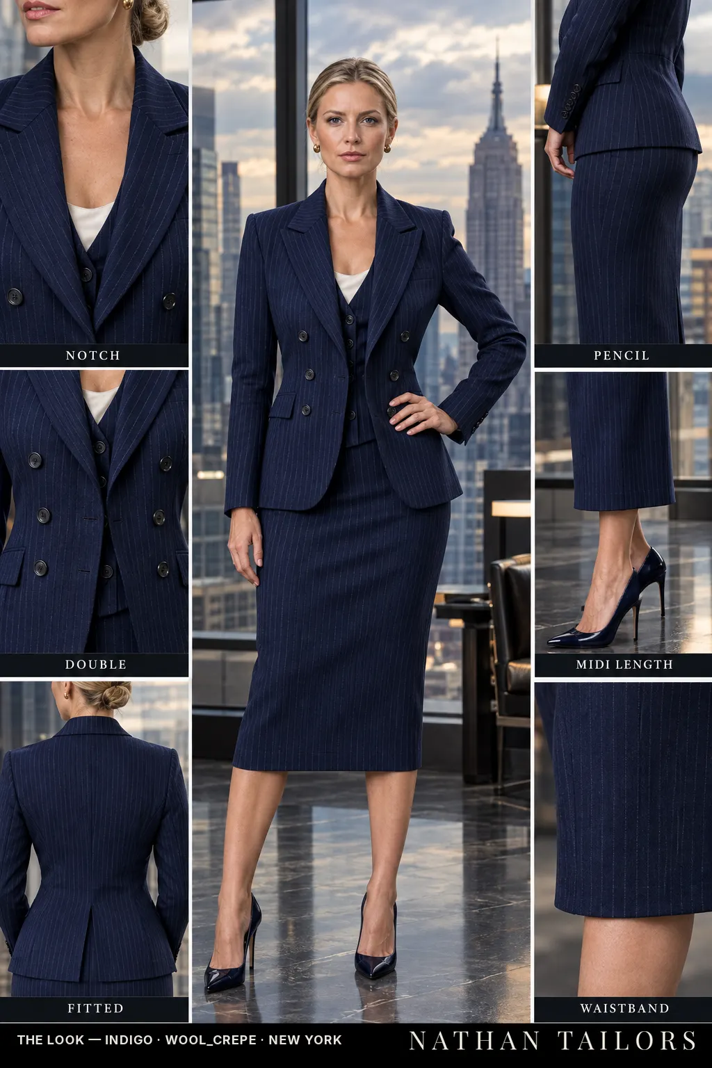 fitted pinstripe women's skirt suit in indigo — AI-rendered by Nathan Tailors, made to measure for women and shipped worldwide.