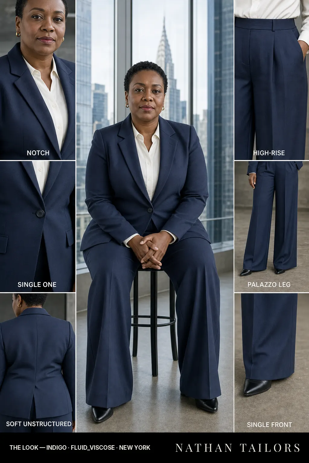 soft unstructured women's pant suit in indigo — AI-rendered by Nathan Tailors, made to measure for women and shipped worldwide.
