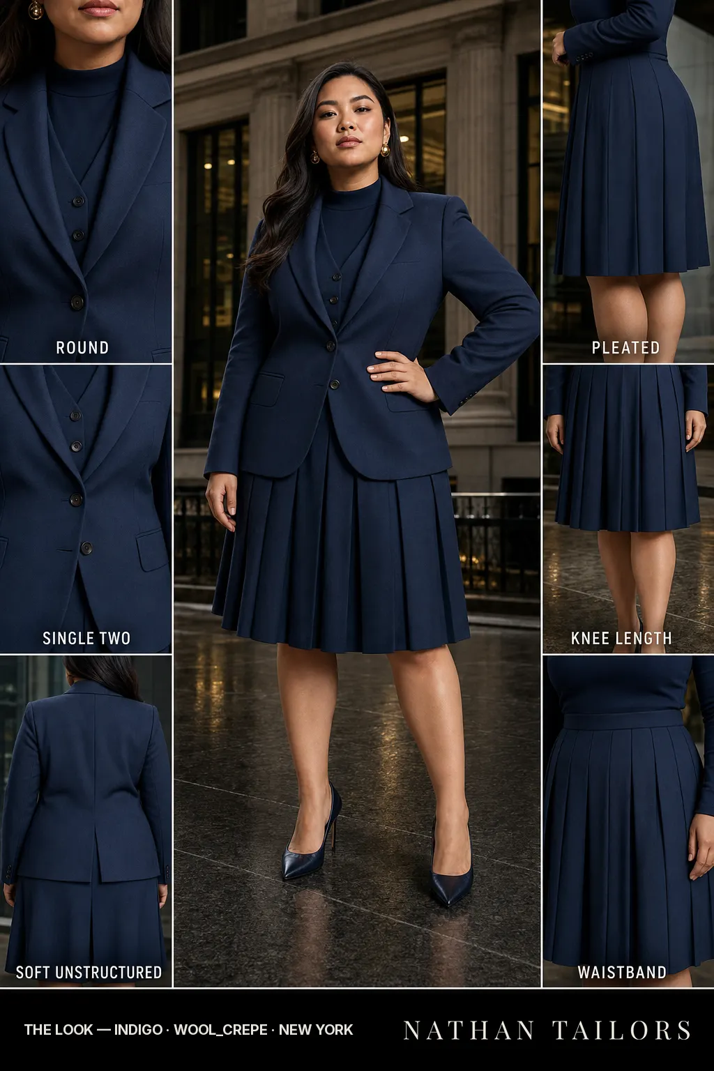 soft unstructured women's skirt suit in indigo — AI-rendered by Nathan Tailors, made to measure for women and shipped worldwide.