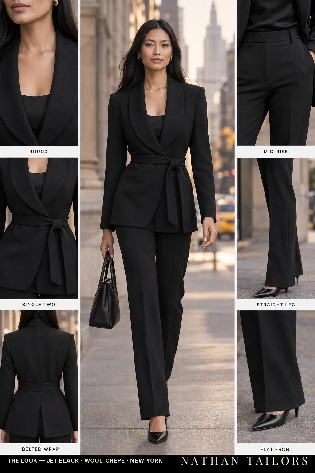 belted wrap women's pant suit in jet black — AI-rendered by Nathan Tailors, made to measure for women and shipped worldwide.