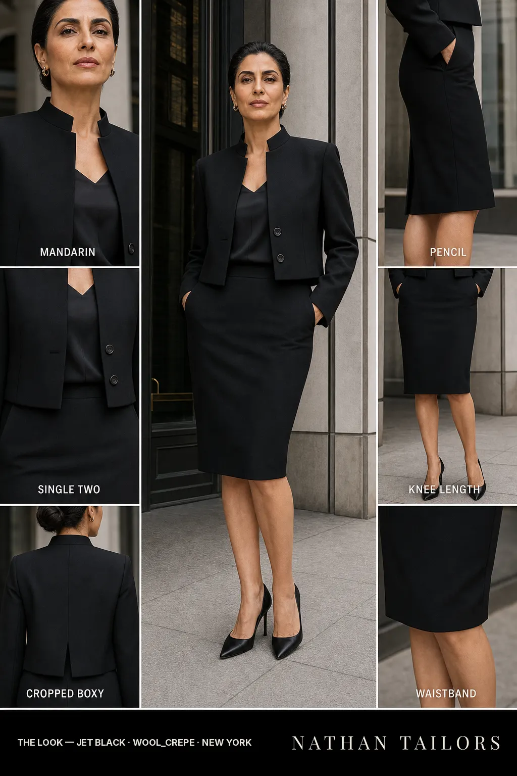 cropped boxy women's skirt suit in jet black — AI-rendered by Nathan Tailors, made to measure for women and shipped worldwide.