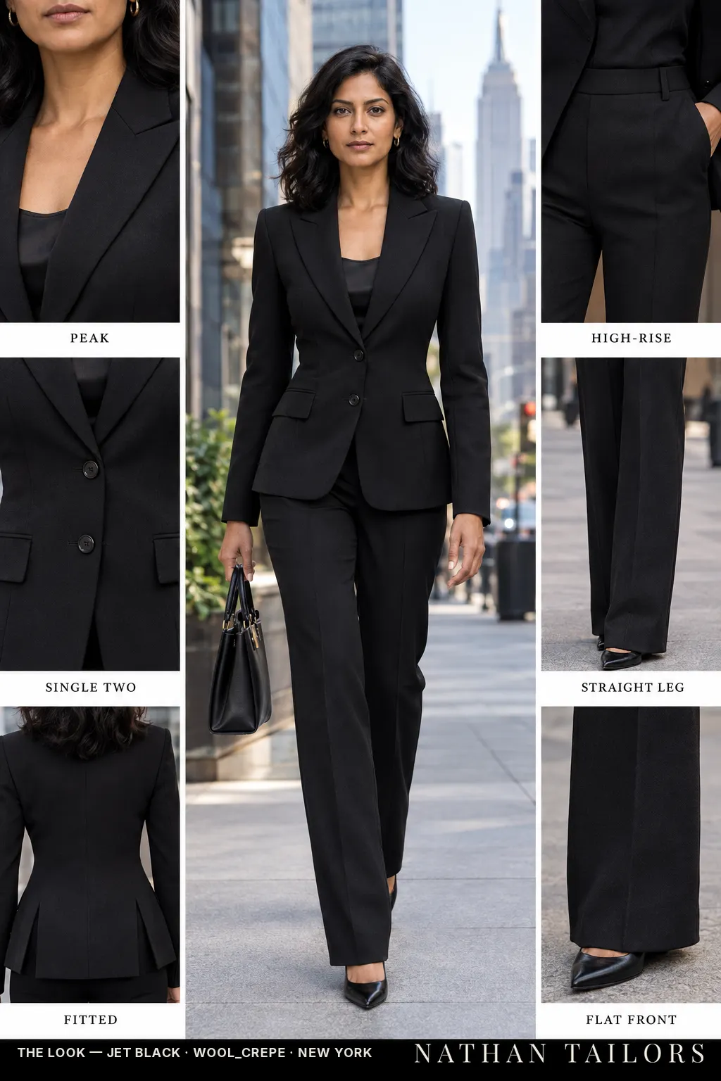 fitted women's pant suit in jet black — AI-rendered by Nathan Tailors, made to measure for women and shipped worldwide.