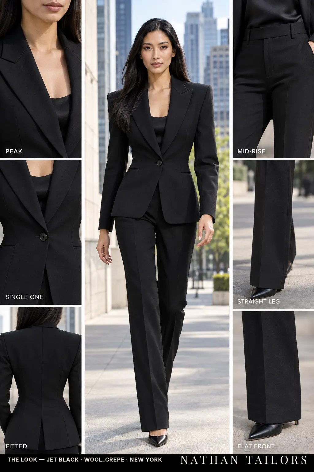 fitted women's pant suit in jet black — AI-rendered by Nathan Tailors, made to measure for women and shipped worldwide.