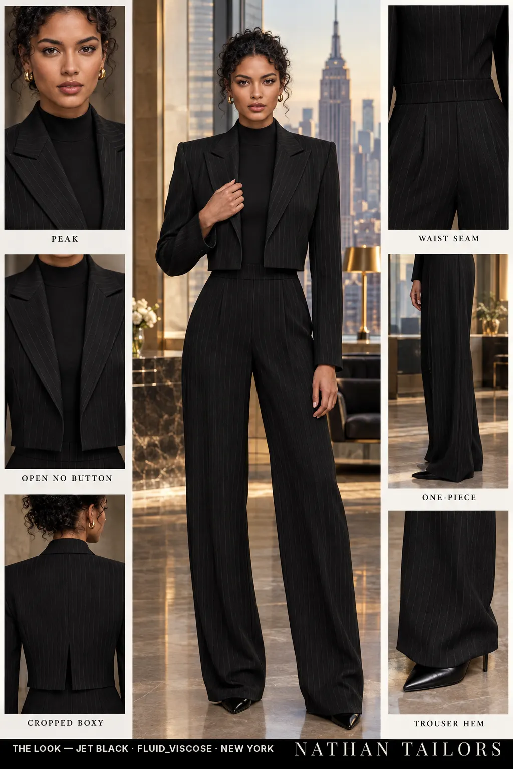 cropped boxy pinstripe women's jumpsuit in jet black — AI-rendered by Nathan Tailors, made to measure for women and shipped worldwide.