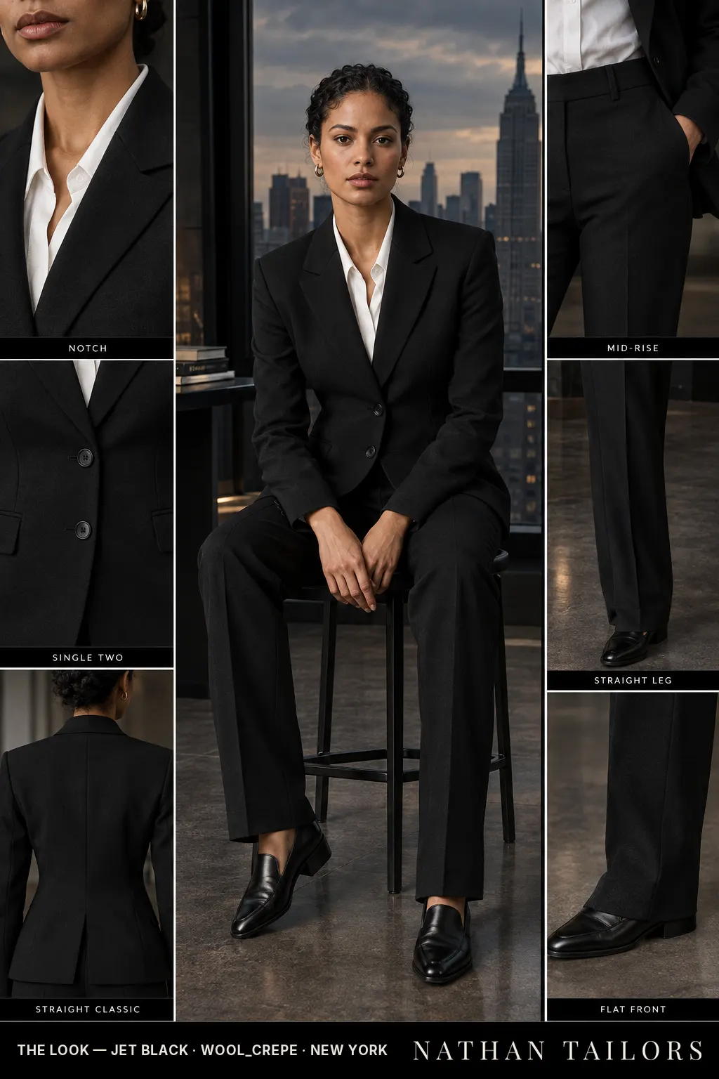 Women's suit in jet black — custom tailored by Nathan Tailors, shipped worldwide