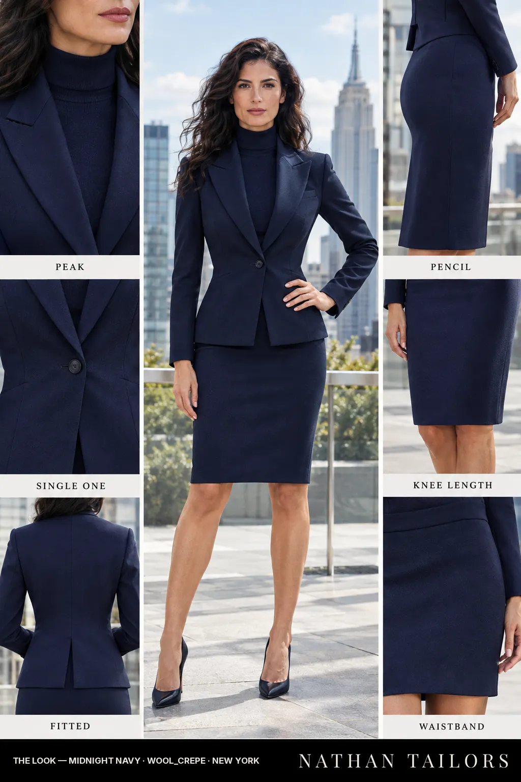 Women's suit in midnight navy — custom tailored by Nathan Tailors, shipped worldwide