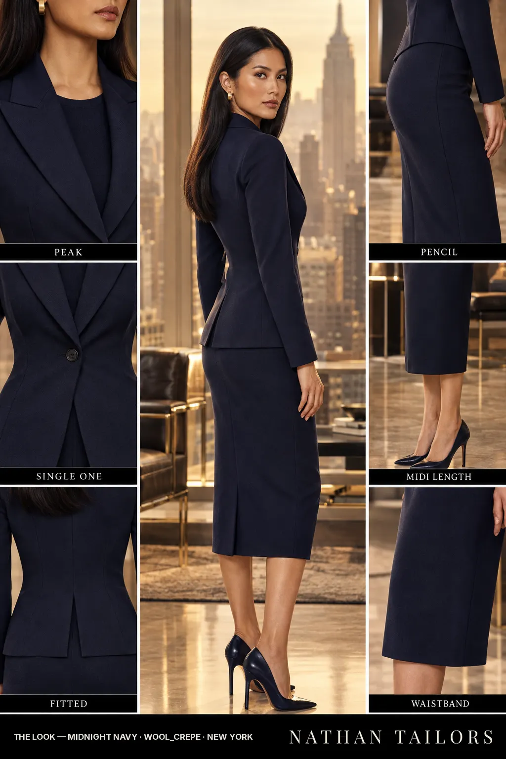 fitted women's skirt suit in midnight navy — AI-rendered by Nathan Tailors, made to measure for women and shipped worldwide.