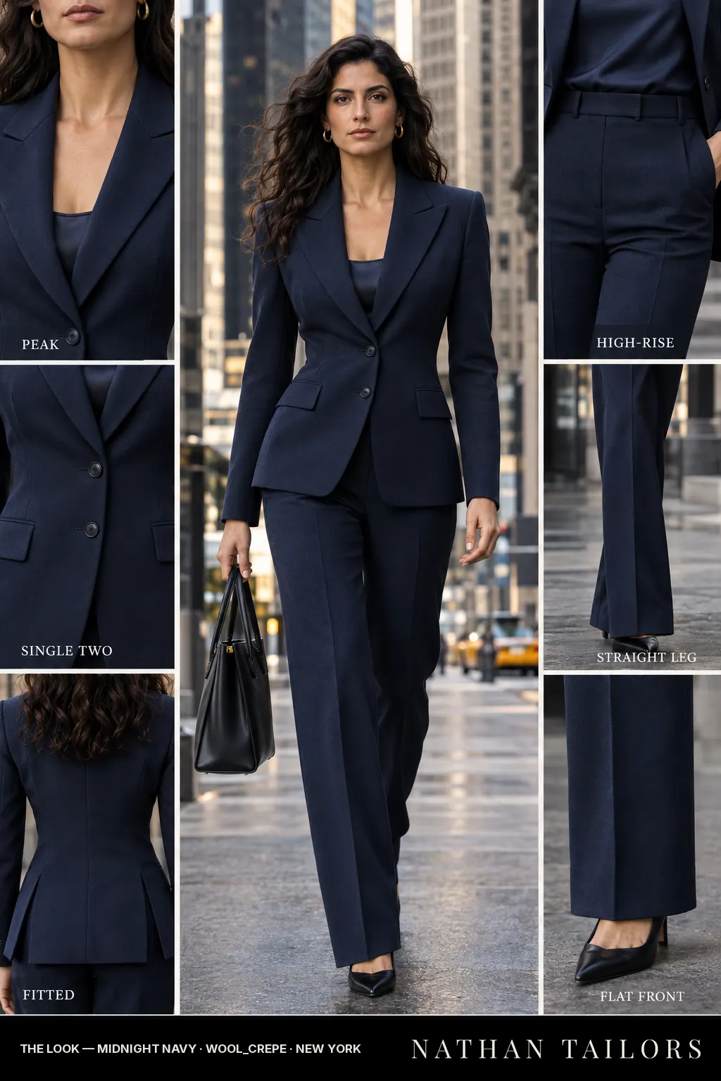 Women's suit in midnight navy — custom tailored by Nathan Tailors, shipped worldwide