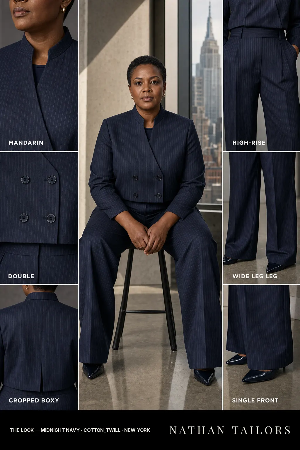 cropped boxy pinstripe women's pant suit in midnight navy — AI-rendered by Nathan Tailors, made to measure for women and shipped worldwide.