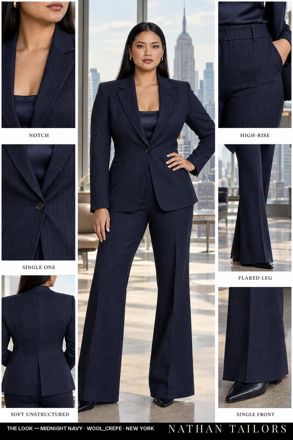 Women's suit in midnight navy pinstripe — custom tailored by Nathan Tailors, shipped worldwide