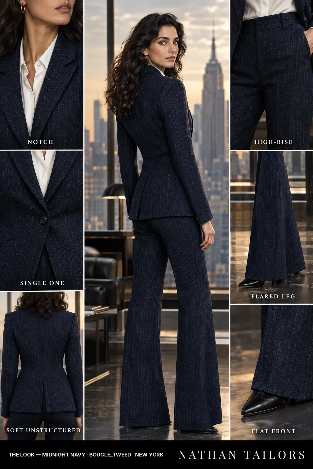 soft unstructured pinstripe women's pant suit in midnight navy — AI-rendered by Nathan Tailors, made to measure for women and shipped worldwide.