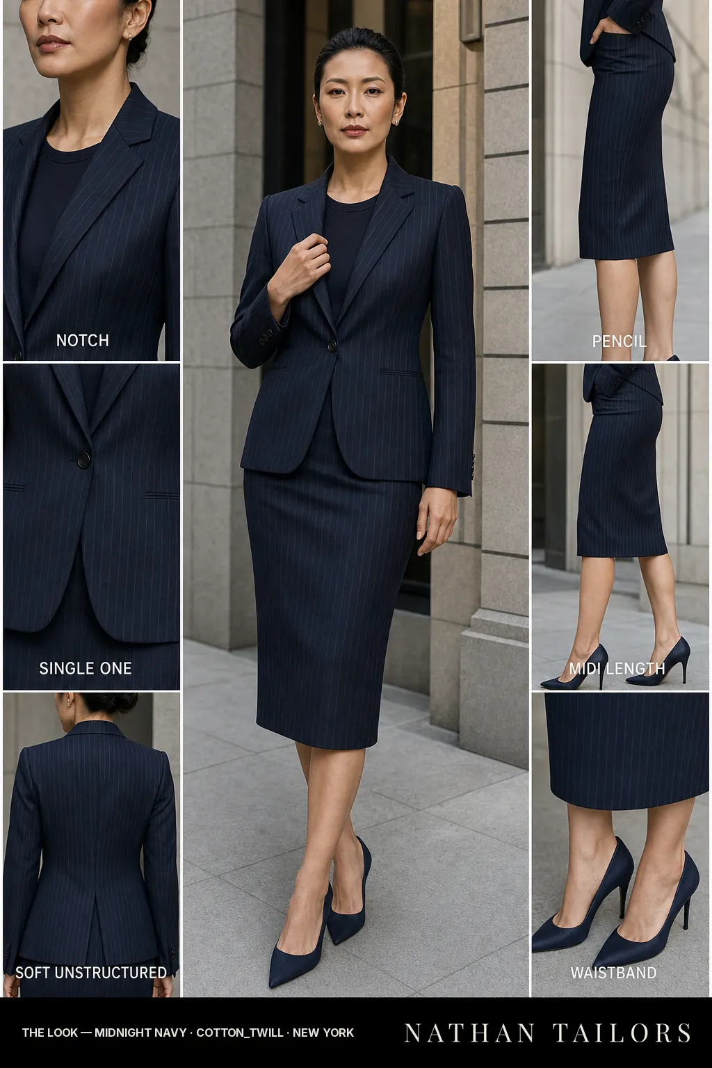 soft unstructured pinstripe women's skirt suit in midnight navy — AI-rendered by Nathan Tailors, made to measure for women and shipped worldwide.