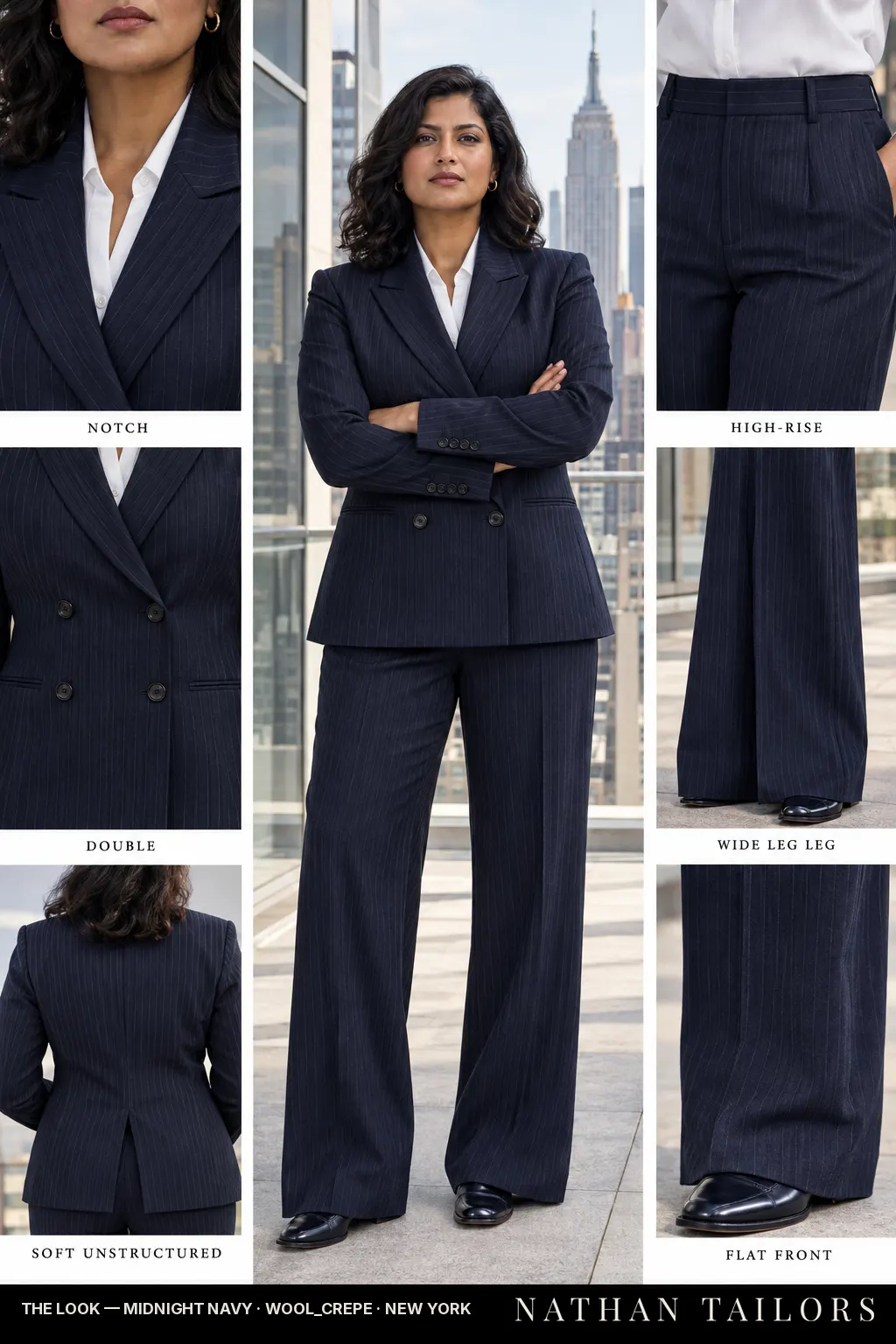 Women's suit in midnight navy pinstripe — custom tailored by Nathan Tailors, shipped worldwide