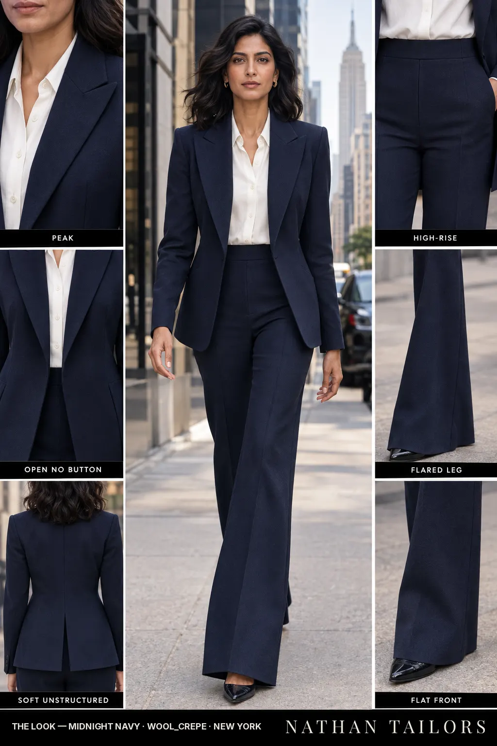 soft unstructured women's pant suit in midnight navy — AI-rendered by Nathan Tailors, made to measure for women and shipped worldwide.
