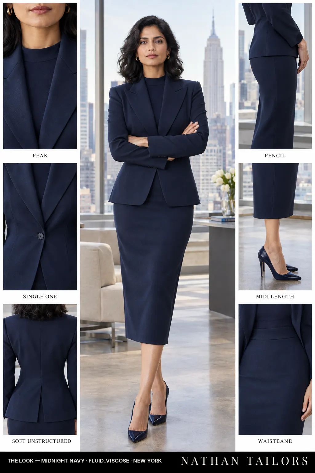 soft unstructured women's skirt suit in midnight navy — AI-rendered by Nathan Tailors, made to measure for women and shipped worldwide.