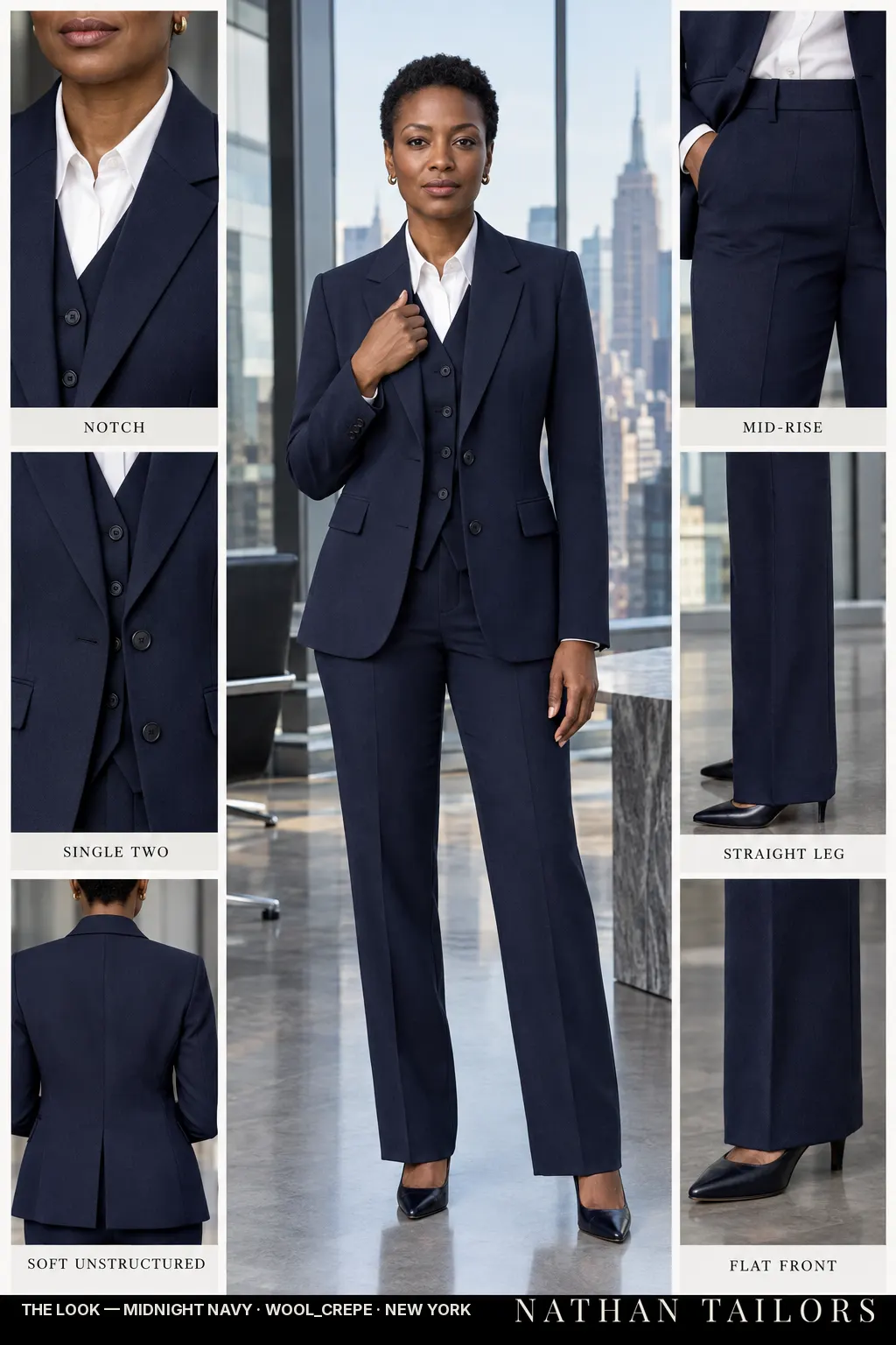 soft unstructured women's pant suit in midnight navy — AI-rendered by Nathan Tailors, made to measure for women and shipped worldwide.