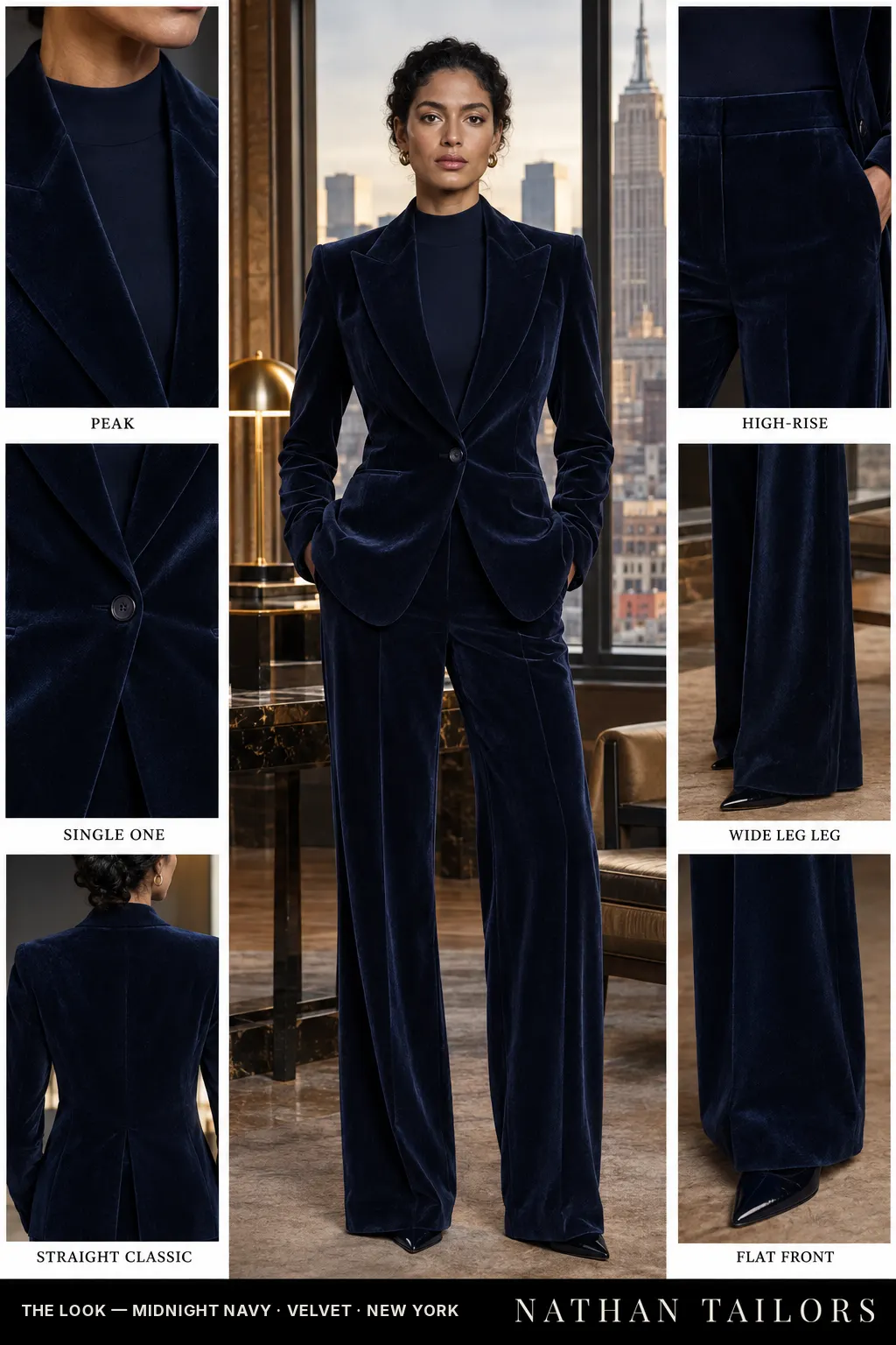 straight classic women's pant suit in midnight navy — AI-rendered by Nathan Tailors, made to measure for women and shipped worldwide.