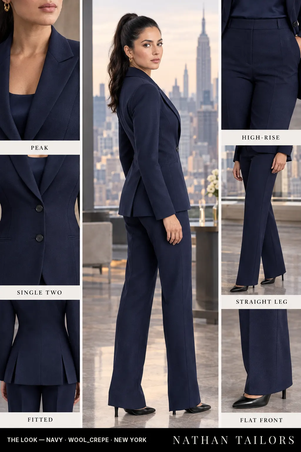 Women's suit in navy — custom tailored by Nathan Tailors, shipped worldwide