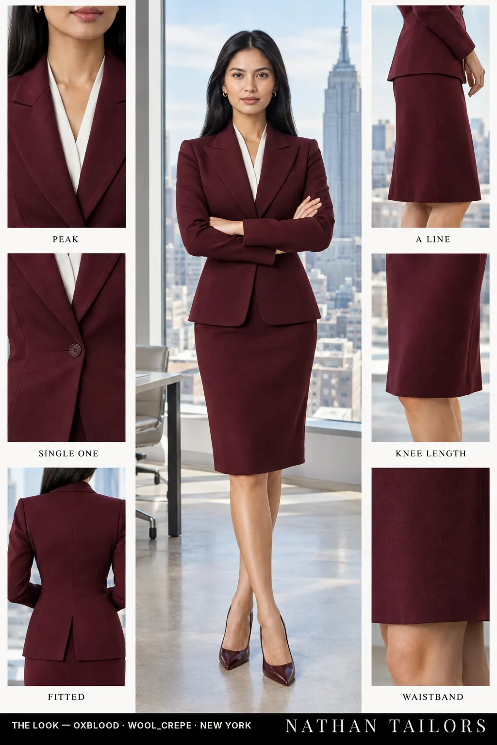 fitted women's skirt suit in oxblood — AI-rendered by Nathan Tailors, made to measure for women and shipped worldwide.