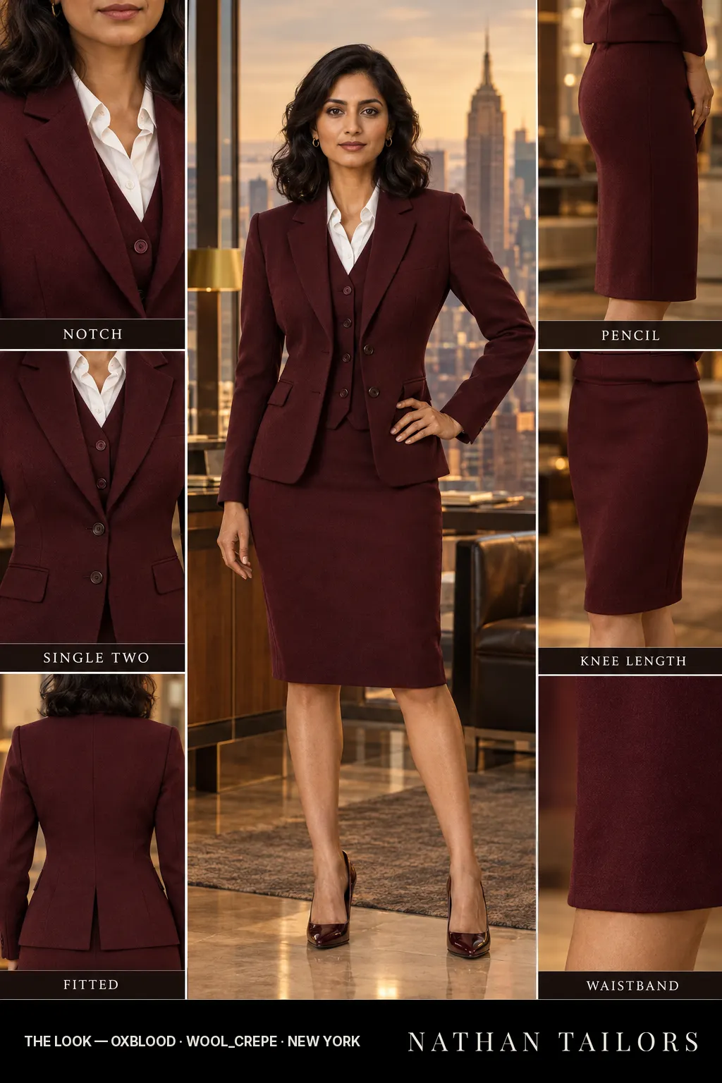 fitted women's skirt suit in oxblood — AI-rendered by Nathan Tailors, made to measure for women and shipped worldwide.